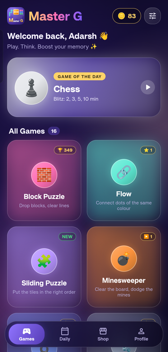 Master G home screen with the Diya Chakra of games